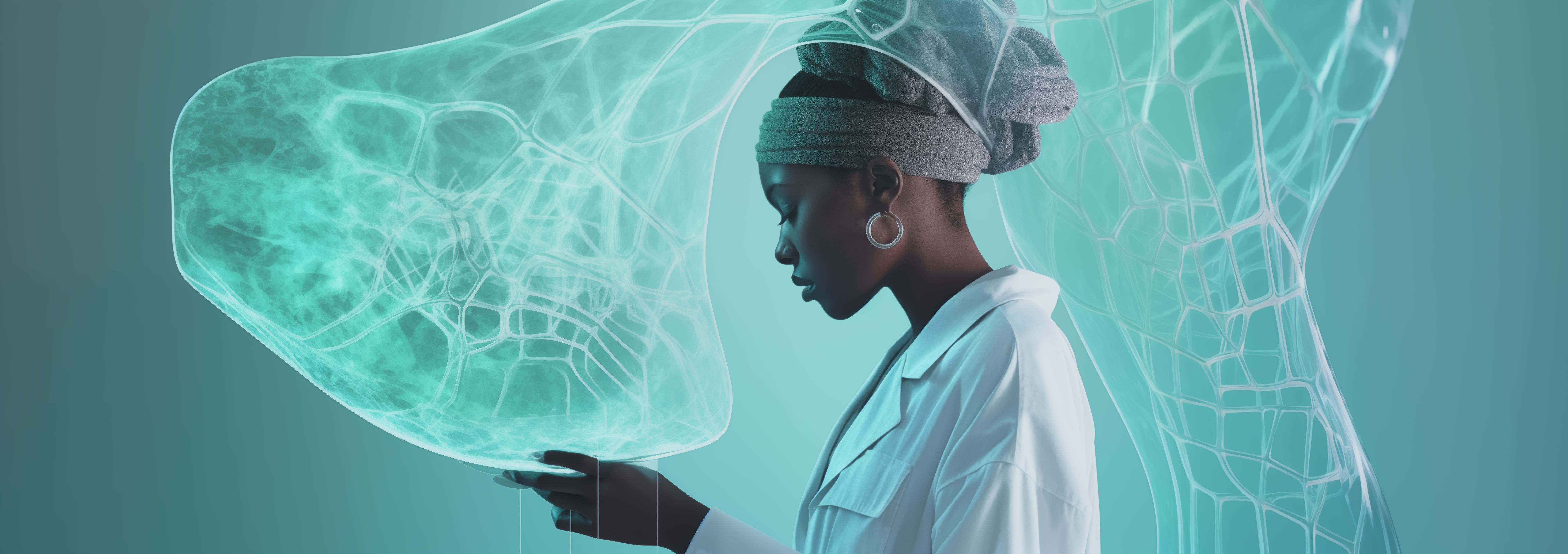 Female African doctor analyzing holographic medical data